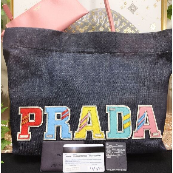 NWOT Prada Denim Logo Patch Tote W/ Pouchette, Dust Bag And COA - Picture 9 of 16